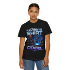 Commander's Favorite Shirt on the Citadel sci-fi graphic T-shirt, black shirt front view modeled with one hand in a pocket.