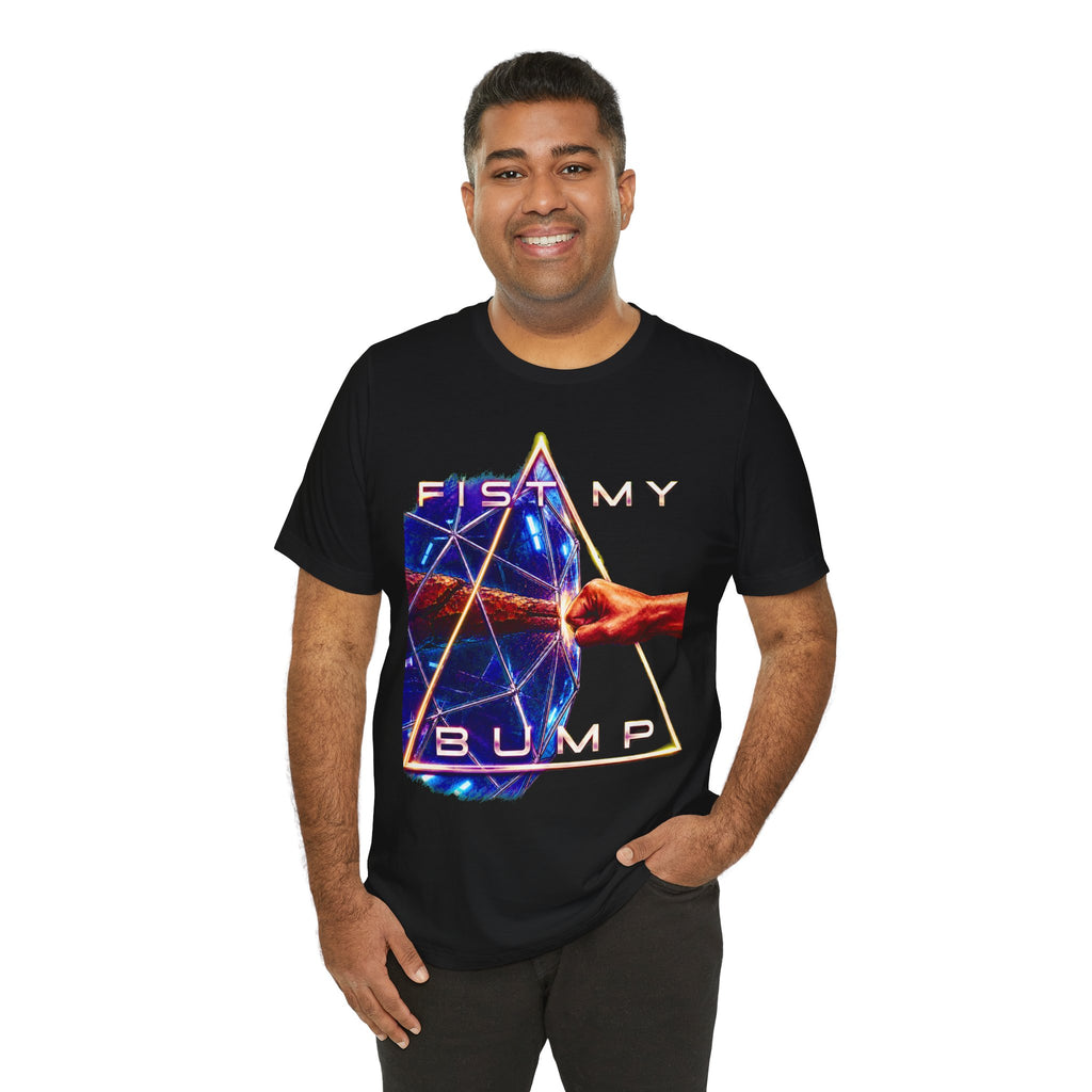 Fist My Bump Rocky and Grace sci-fi graphic T-shirt, black shirt three-quarter view modeled by a person.