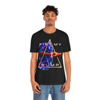 Fist My Bump Rocky and Grace sci-fi graphic T-shirt, black shirt front view modeled with a relaxed stance.