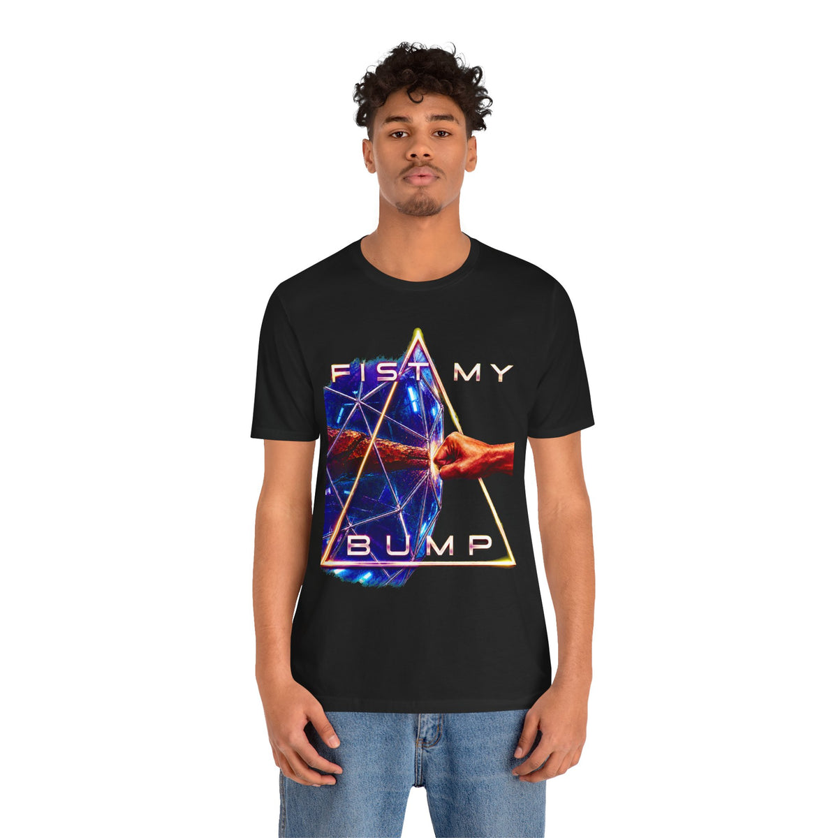 Fist My Bump Rocky and Grace sci-fi graphic T-shirt, black shirt front view modeled with a relaxed stance.
