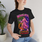 Warlock A-Tier DPS, S-Tier Comfort fantasy gamer T-shirt, black shirt close-up on a woman in a casual room.