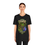 Plant-Based Champion fantasy druid graphic T-shirt, black shirt front view modeled by a standing person.