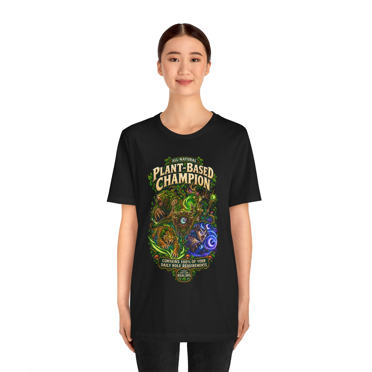 Plant-Based Champion fantasy druid graphic T-shirt, black shirt front view modeled by a standing person.
