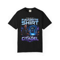 Commander's Favorite Shirt on the Citadel sci-fi graphic T-shirt, black shirt front view.