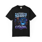 Commander's Favorite Shirt on the Citadel sci-fi graphic T-shirt, black shirt front view.