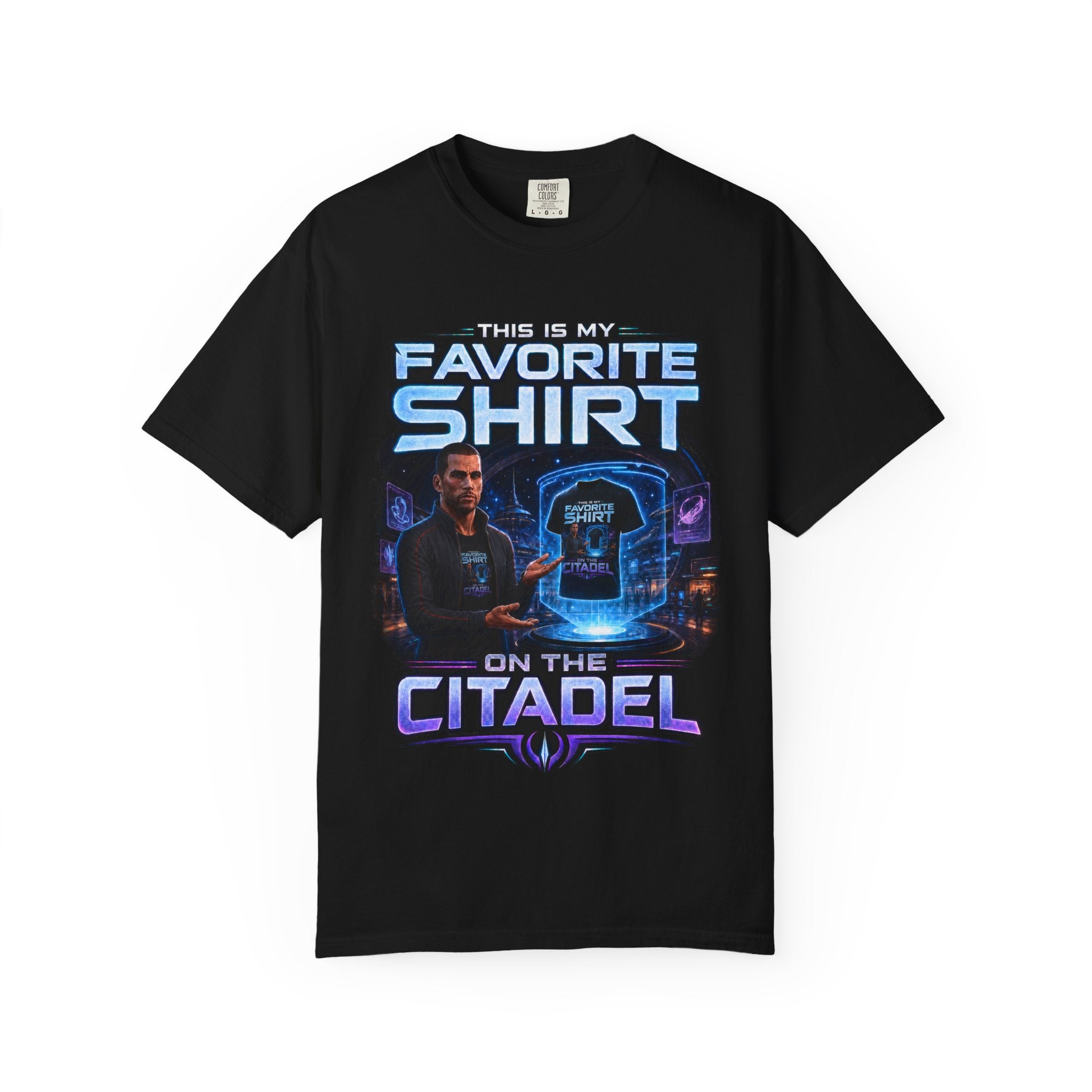 Commander's Favorite Shirt on the Citadel sci-fi graphic T-shirt, black shirt front view.