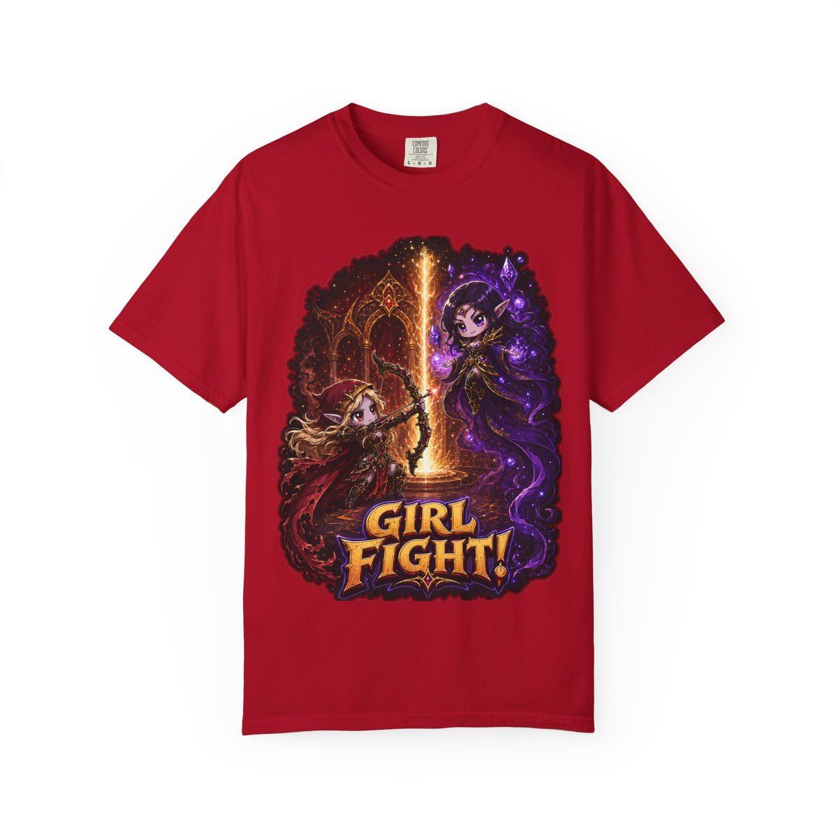 Girl Fight fantasy warrior duel graphic T-shirt, red shirt front view.