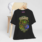 Plant-Based Champion fantasy druid graphic T-shirt, black shirt hanging beside a chair.