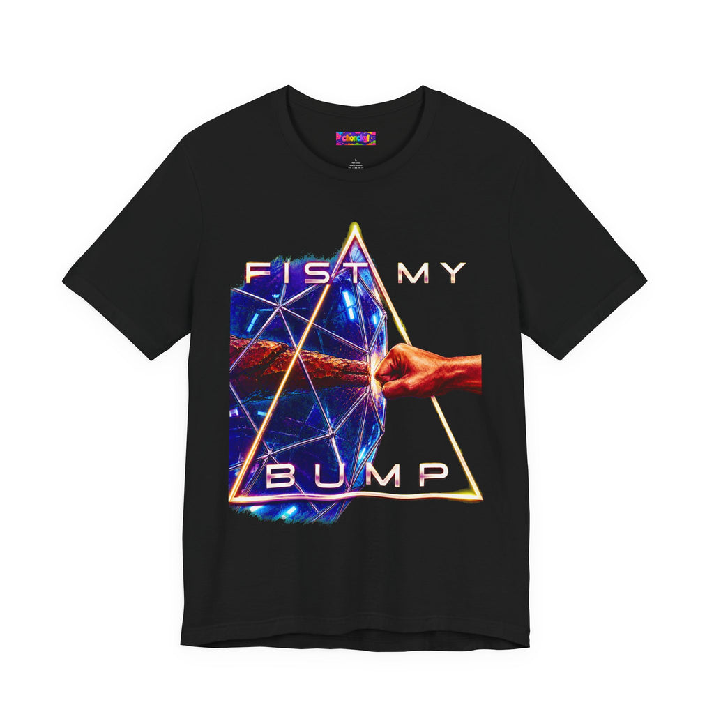 Fist My Bump Rocky and Grace sci-fi graphic T-shirt, black shirt front view.
