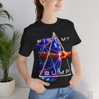 Fist My Bump Rocky and Grace sci-fi graphic T-shirt, black shirt close-up on a woman in a casual room.
