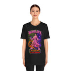 Warlock A-Tier DPS, S-Tier Comfort fantasy gamer T-shirt, black shirt front view modeled by a standing person.