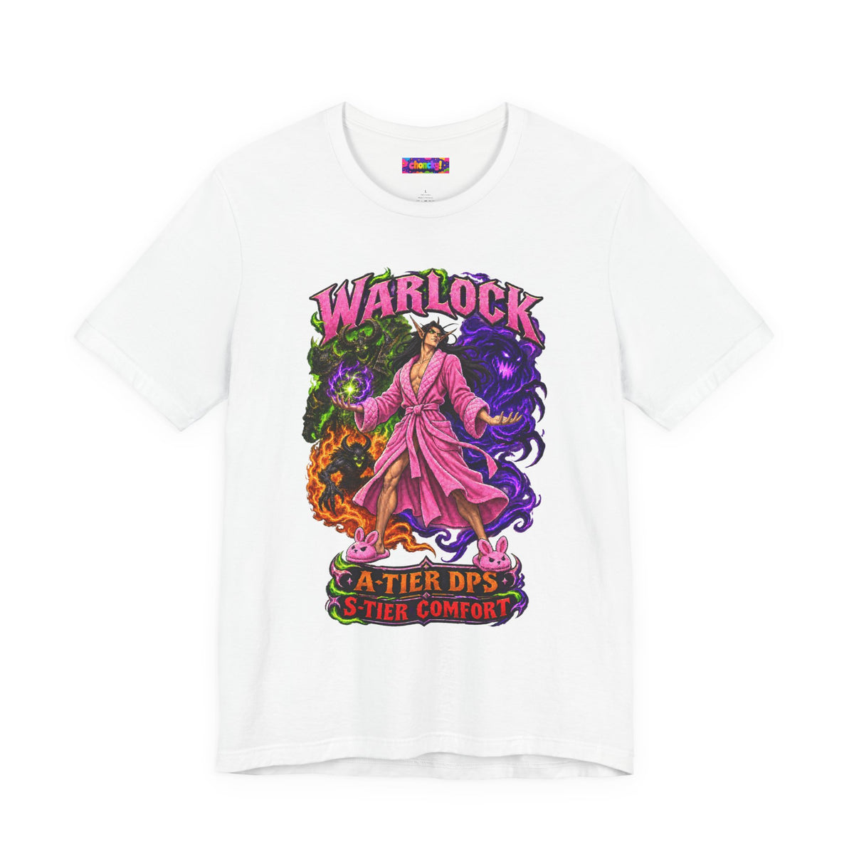 Warlock A-Tier DPS, S-Tier Comfort fantasy gamer T-shirt, white shirt front view.
