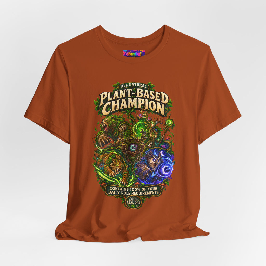Plant-Based Champion fantasy druid graphic T-shirt, rust shirt draped on a light background.