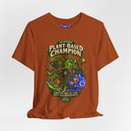 Plant-Based Champion fantasy druid graphic T-shirt, rust shirt draped on a light background.