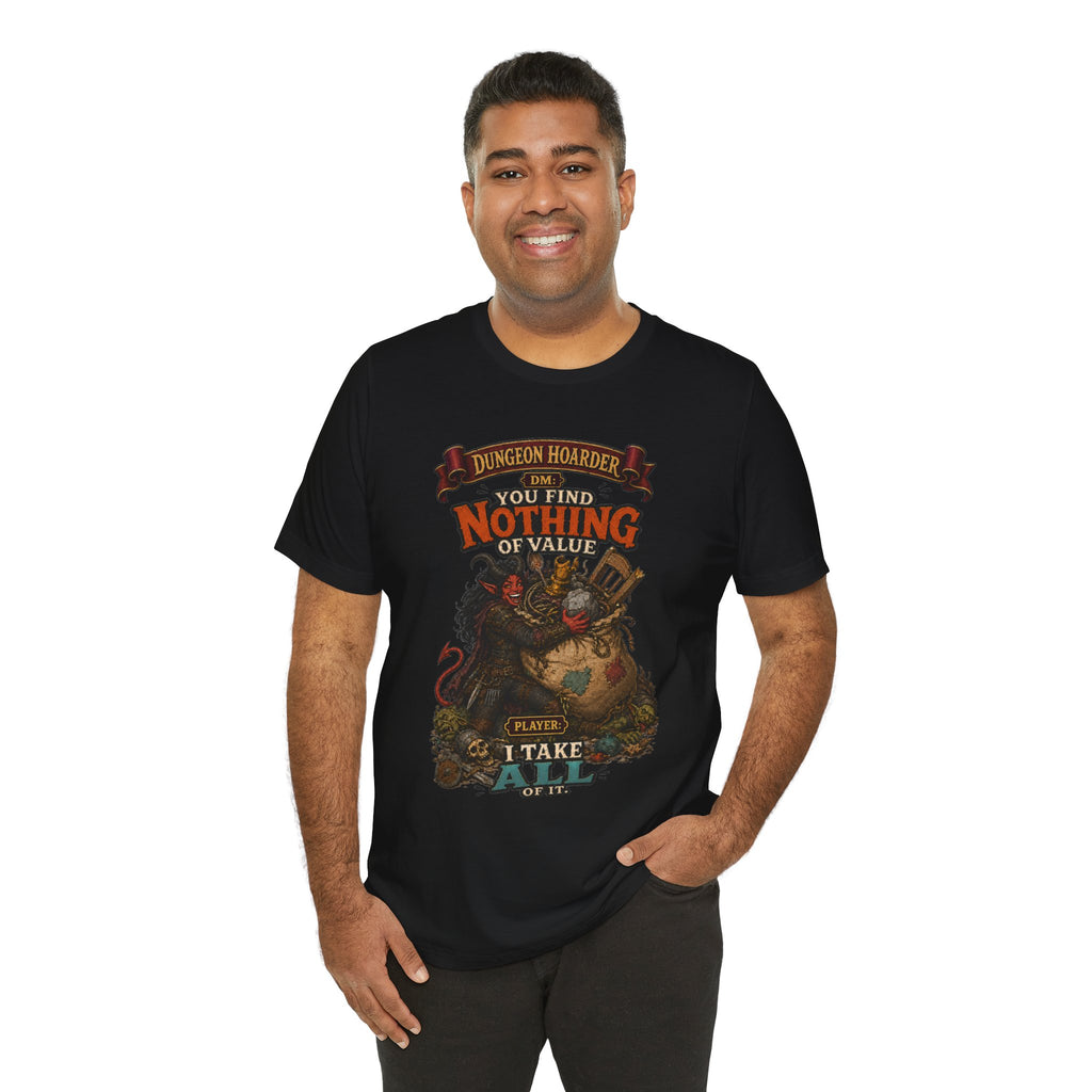 Dungeon Hoarder tiefling tabletop RPG graphic T-shirt, black shirt three-quarter view modeled by a person.
