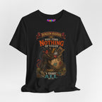 Dungeon Hoarder tiefling tabletop RPG graphic T-shirt, black shirt draped on a light background.