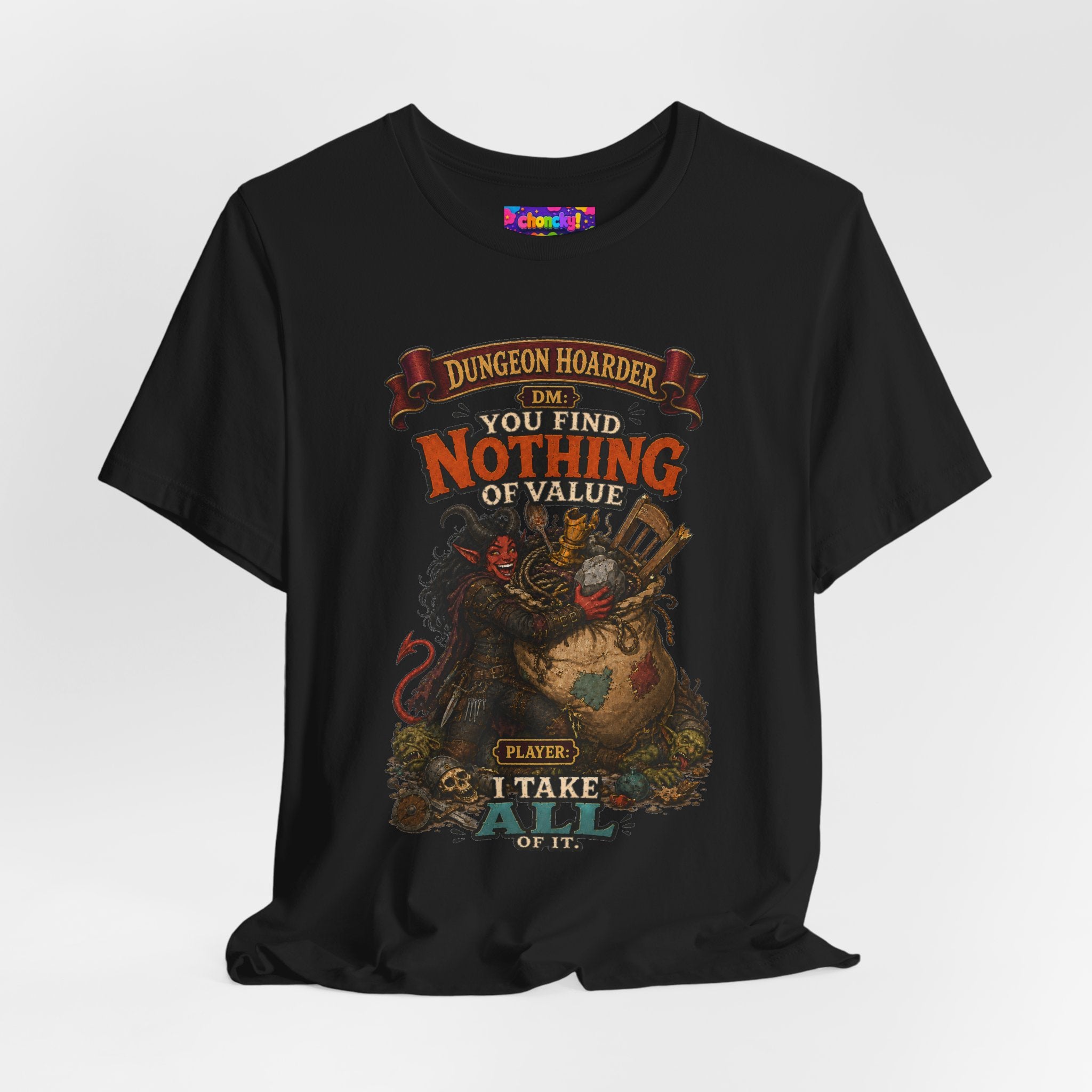 Dungeon Hoarder tiefling tabletop RPG graphic T-shirt, black shirt draped on a light background.