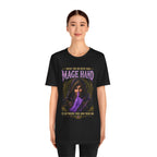 Mage Hand tabletop RPG graphic T-shirt, black shirt front view modeled by a standing person.