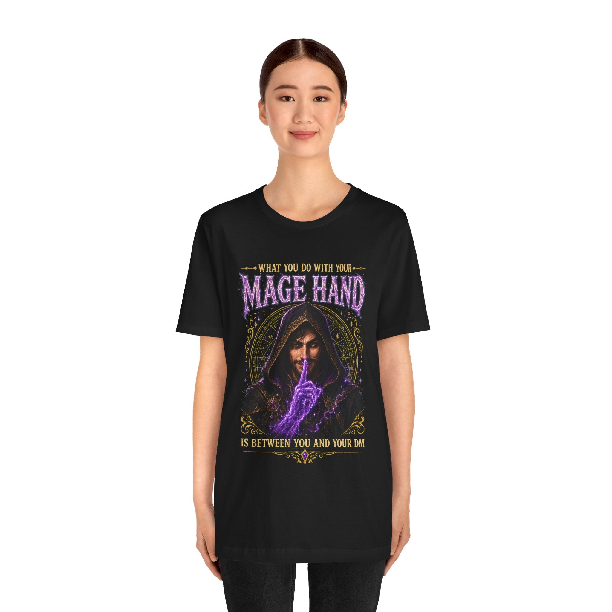 Mage Hand tabletop RPG graphic T-shirt, black shirt front view modeled by a standing person.