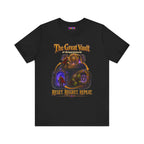 Great Vault Reset Regret Repeat fantasy MMO graphic T-shirt, black shirt laid flat, front view.
