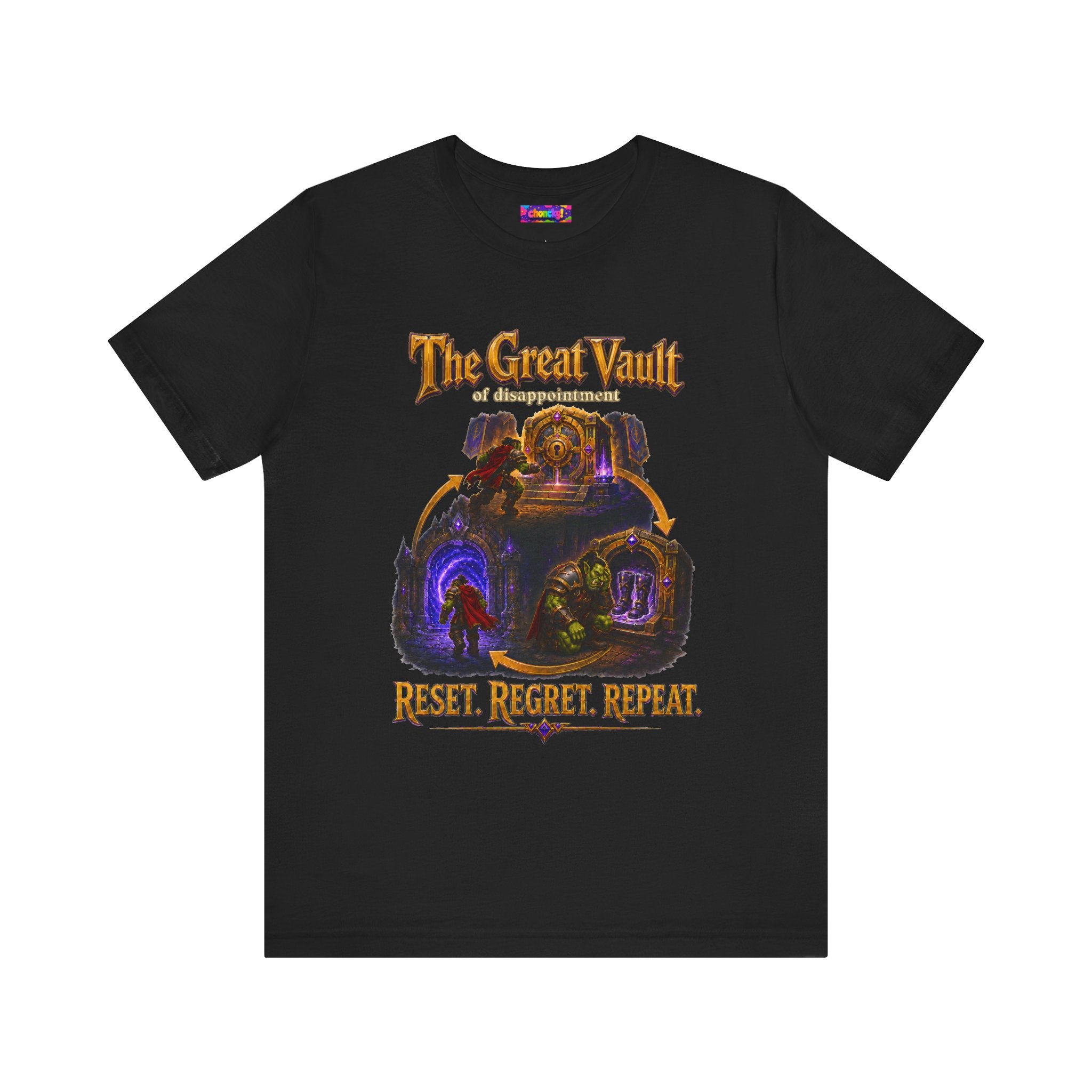 Great Vault Reset Regret Repeat fantasy MMO graphic T-shirt, black shirt laid flat, front view.