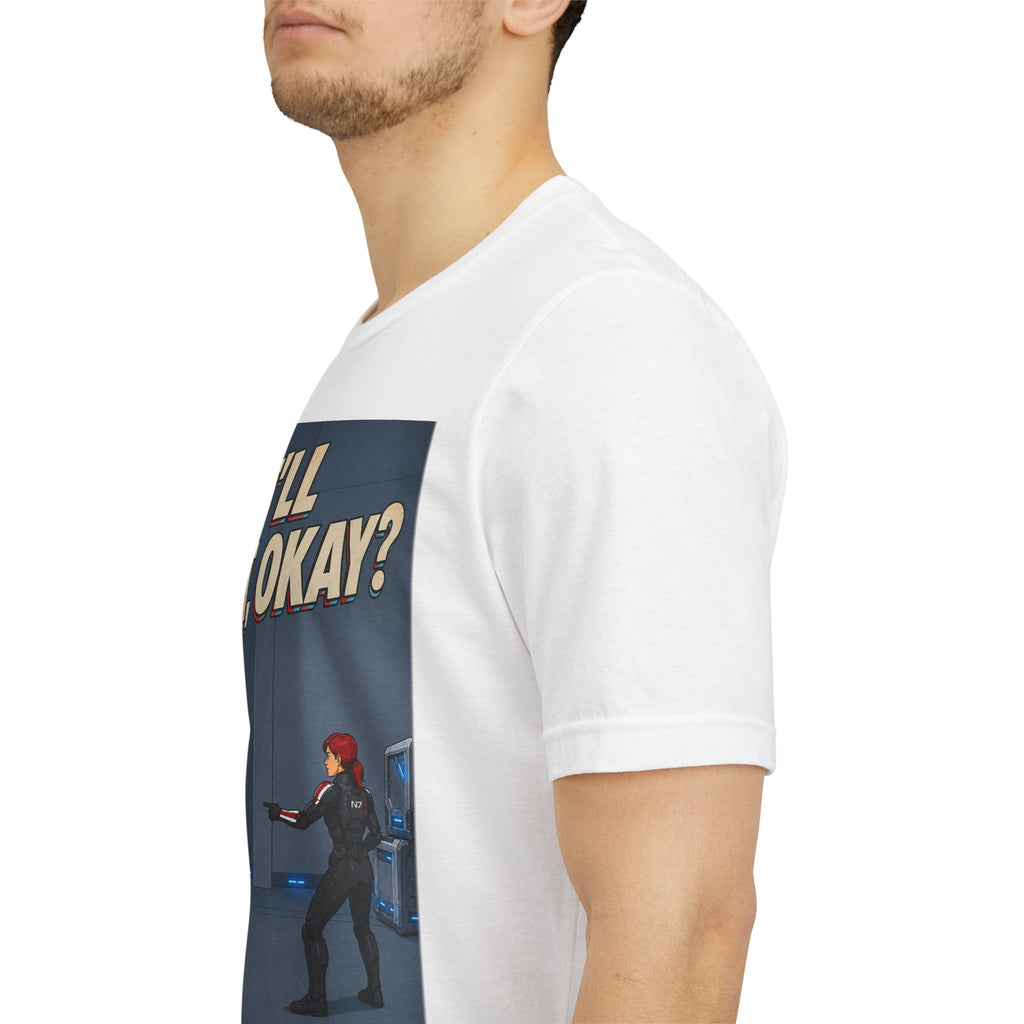 We'll Point, Okay? retro sci-fi action graphic T-shirt, white shirt side view on a man.