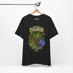 Plant-Based Champion fantasy druid graphic T-shirt, black shirt hanging from a wooden hanger.