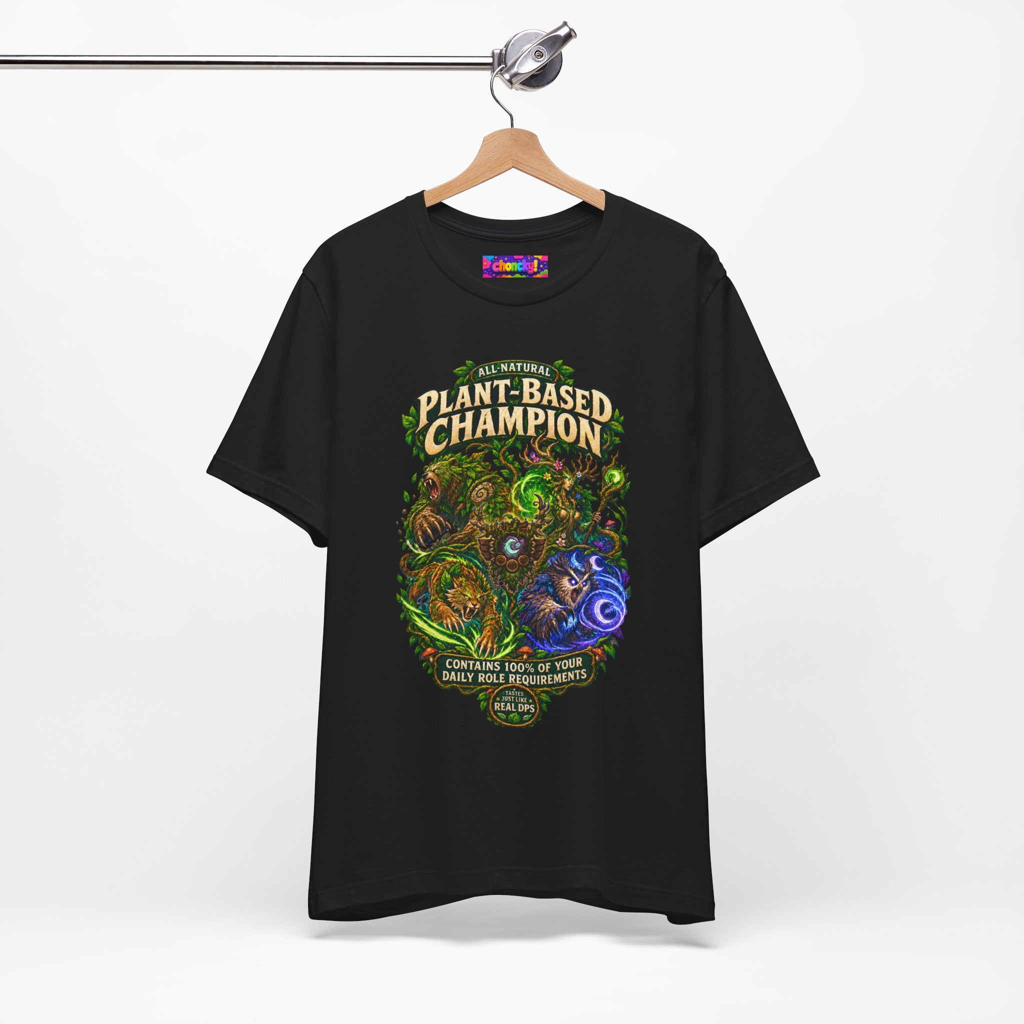 Plant-Based Champion fantasy druid graphic T-shirt, black shirt hanging from a wooden hanger.