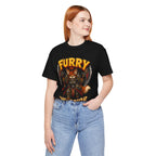 Furry Warrior vulpera fantasy MMO graphic T-shirt, black shirt front view modeled in a casual stance.