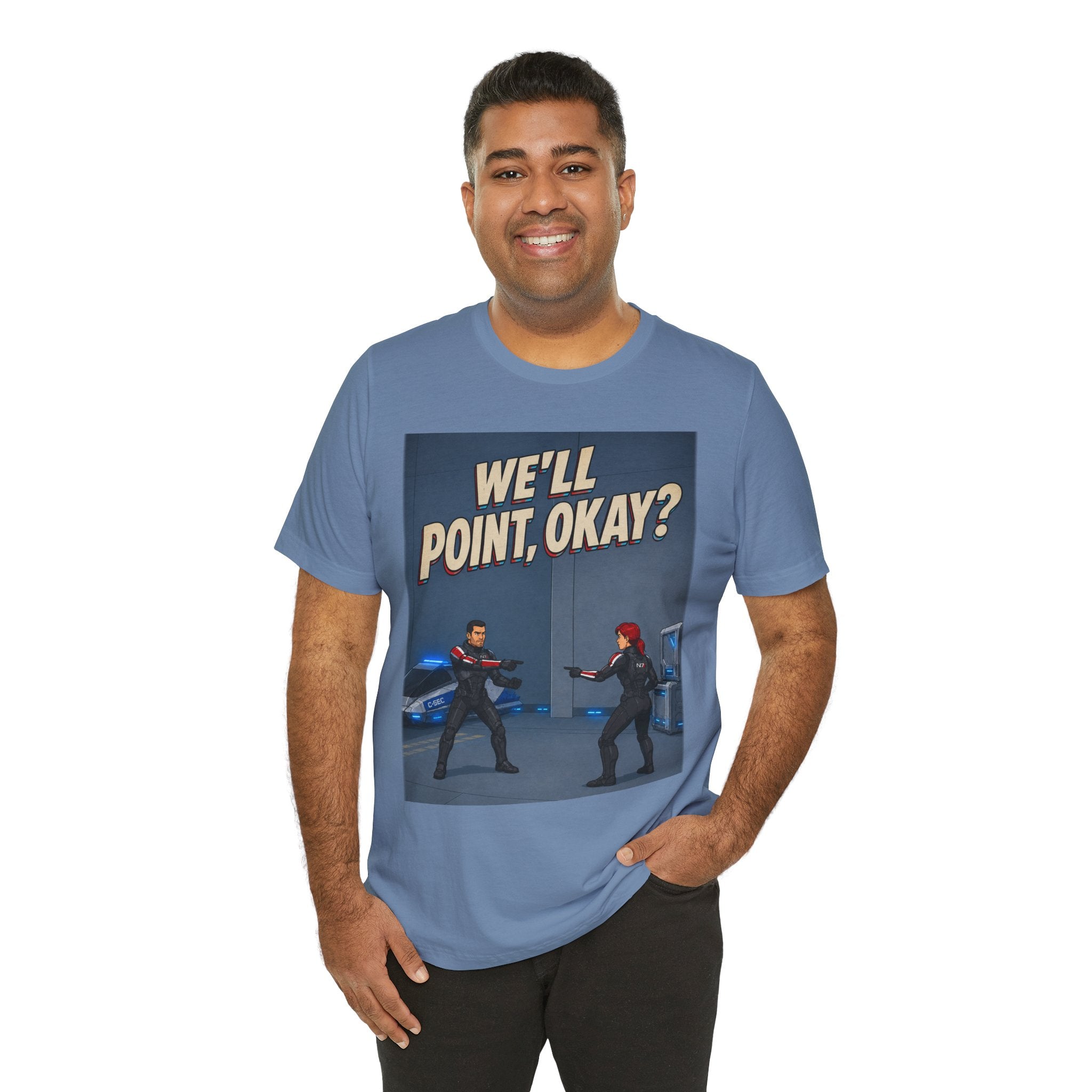 We'll Point, Okay? retro sci-fi action graphic T-shirt, blue shirt front view modeled with one hand in a pocket.