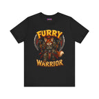 Furry Warrior vulpera fantasy MMO graphic T-shirt, black shirt laid flat, front view.