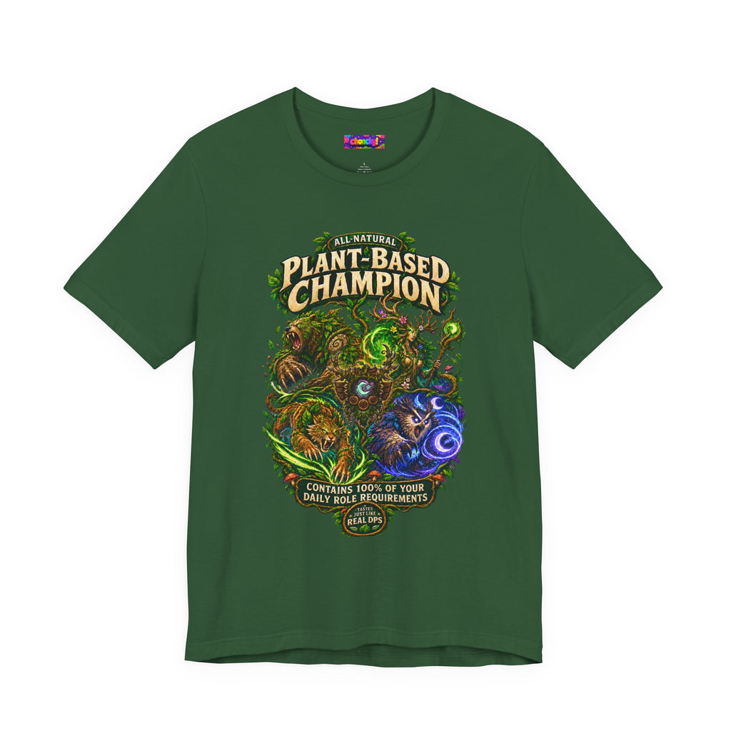 Plant-Based Champion fantasy druid graphic T-shirt, forest green shirt front view.