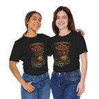 Dungeon Hoarder tiefling tabletop RPG graphic T-shirt, black shirts modeled by two women.