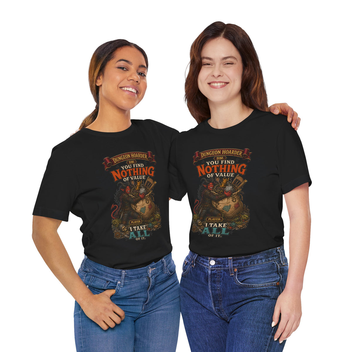 Dungeon Hoarder tiefling tabletop RPG graphic T-shirt, black shirts modeled by two women.