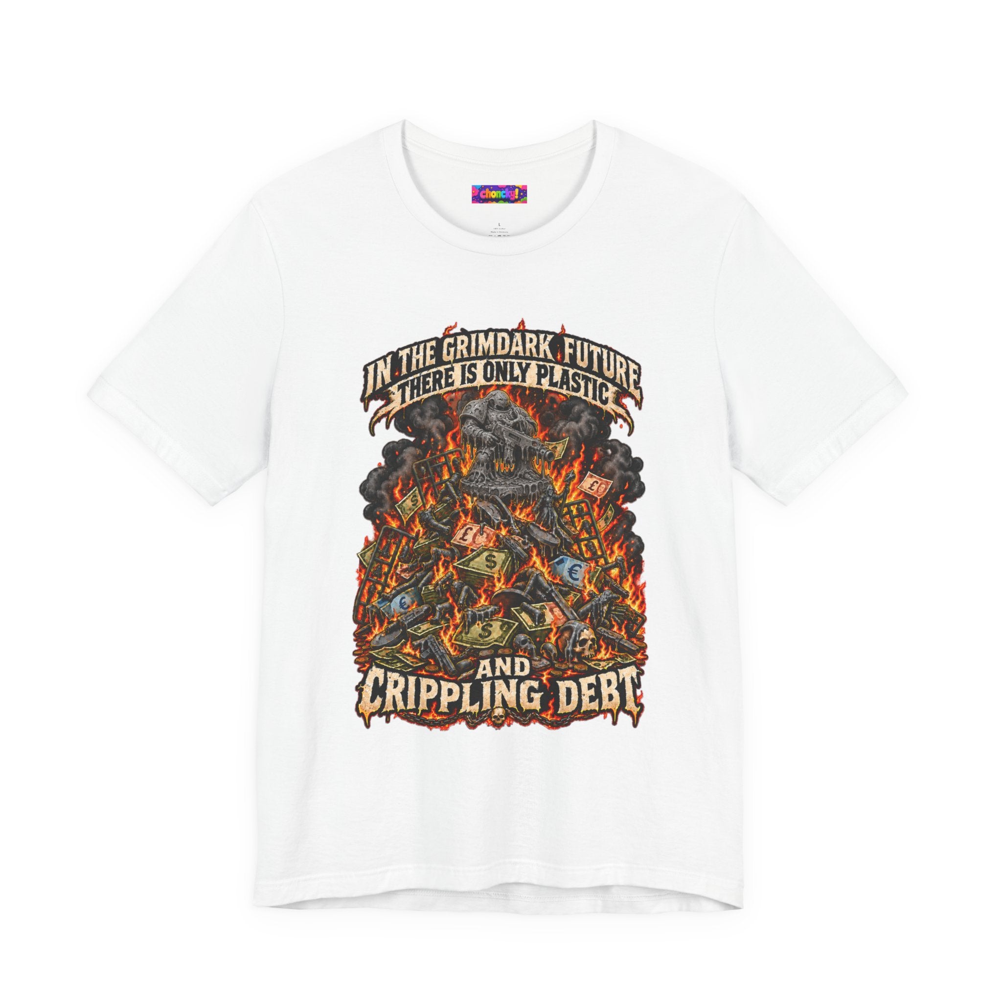 Only Plastic & Crippling Debt graphic T-shirt product mockup