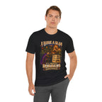 I Have a Plan Barrelmancer fantasy RPG graphic T-shirt, black shirt front view modeled with one hand in a pocket.