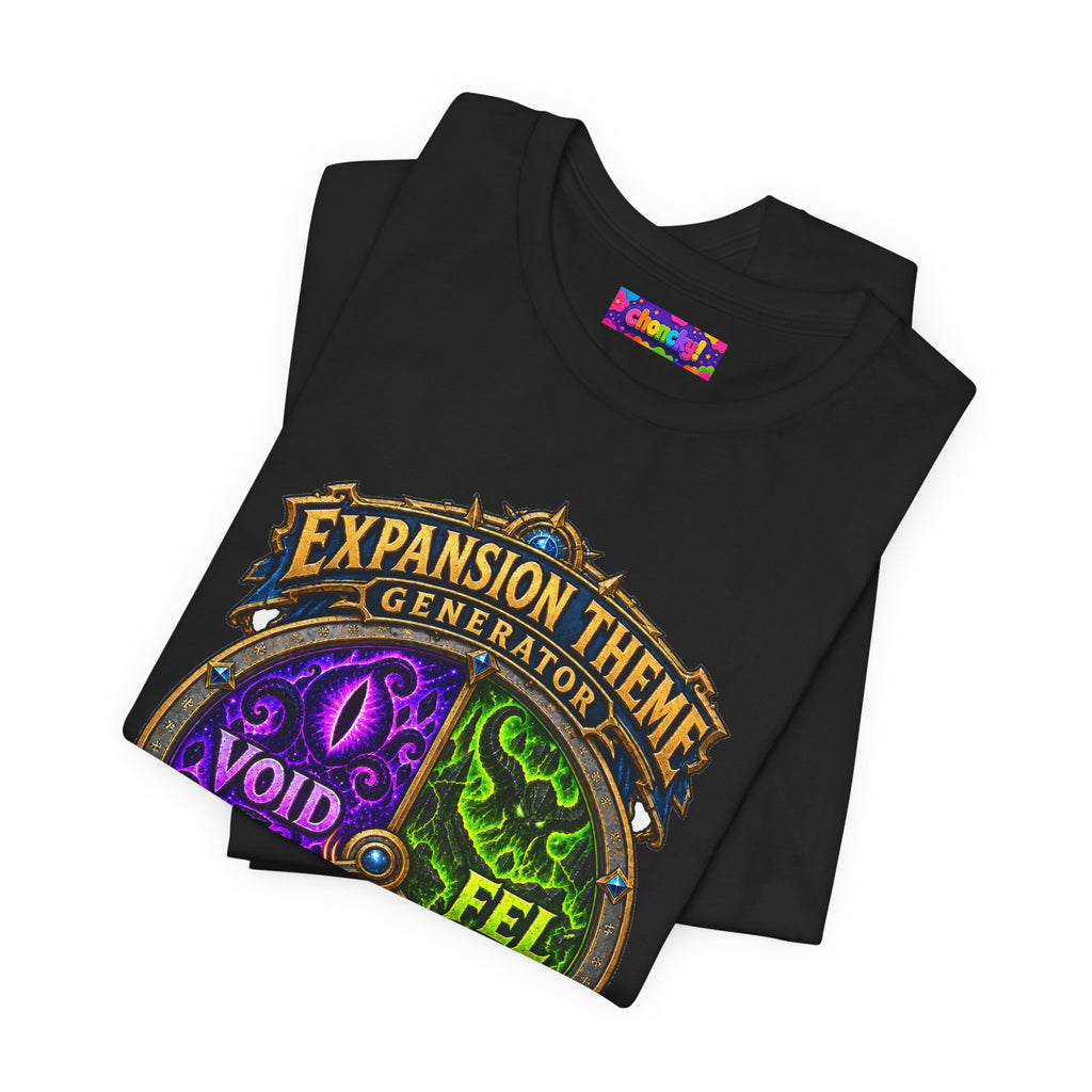 Expansion Theme Generator fantasy MMO graphic T-shirt, black shirt folded to show the print.