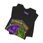Expansion Theme Generator fantasy MMO graphic T-shirt, black shirt folded to show the print.
