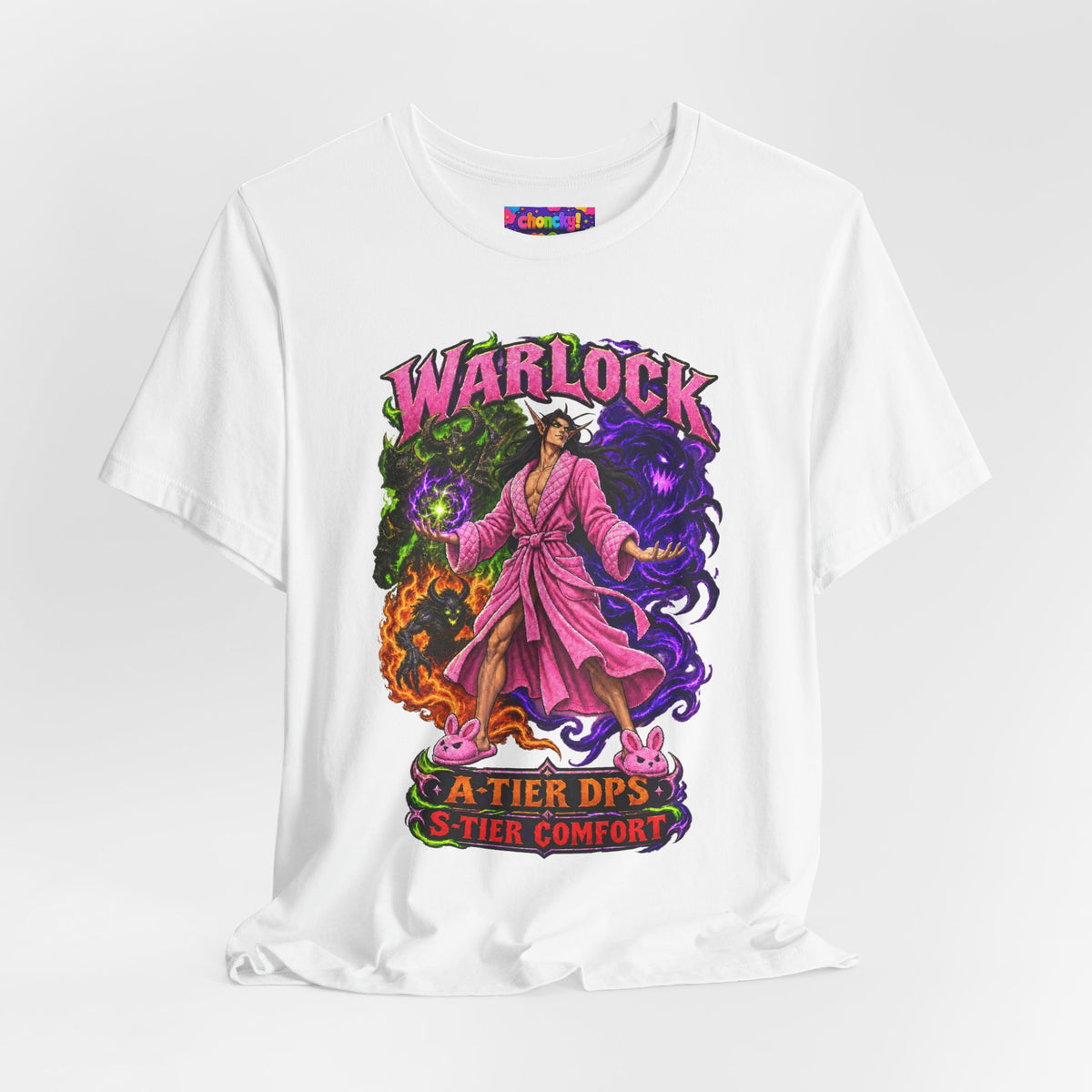 Warlock A-Tier DPS, S-Tier Comfort fantasy gamer T-shirt, white shirt draped on a light background.