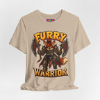 Furry Warrior vulpera fantasy MMO graphic T-shirt, sand shirt draped on a light background.