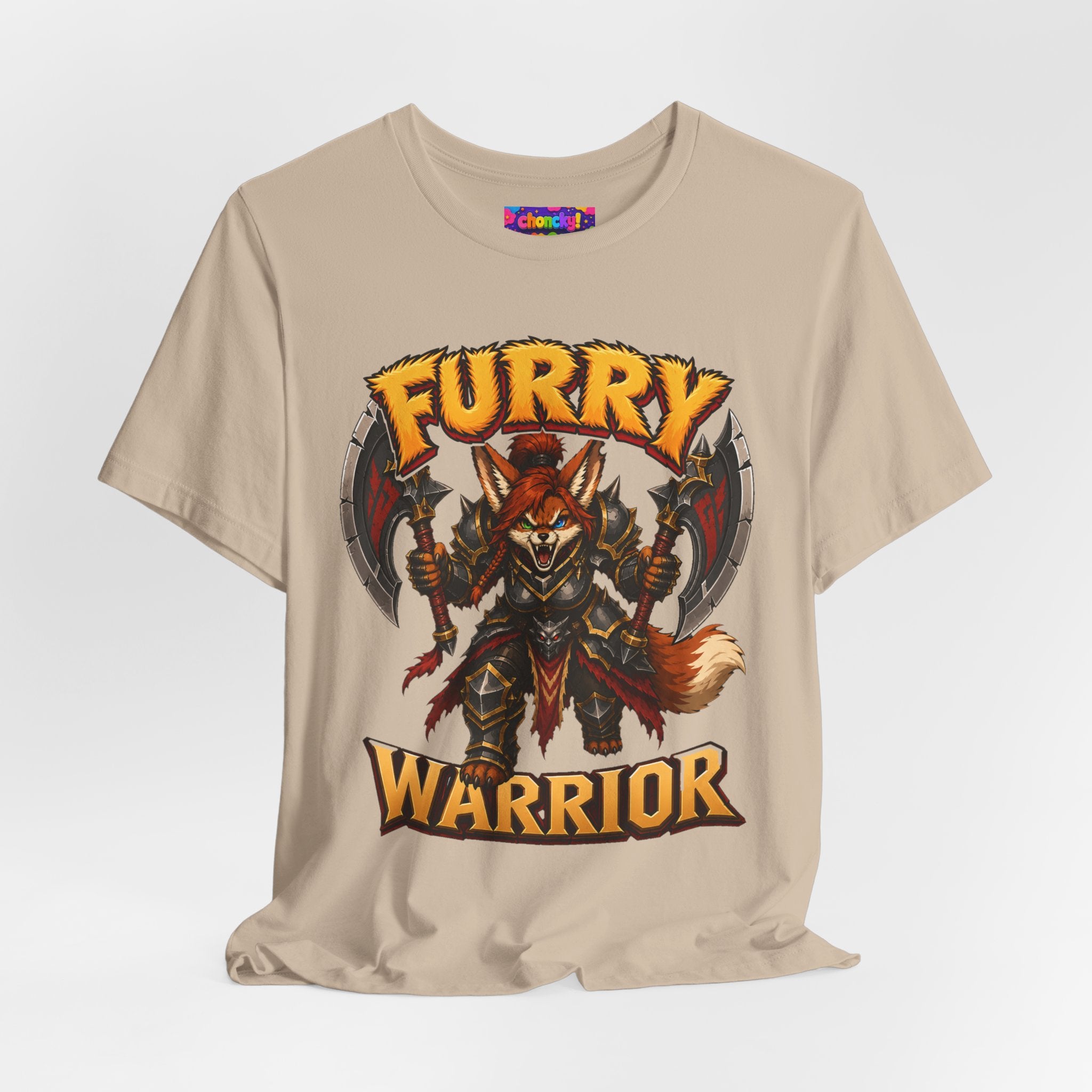 Furry Warrior vulpera fantasy MMO graphic T-shirt, sand shirt draped on a light background.