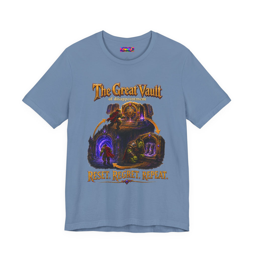 Great Vault Reset Regret Repeat fantasy MMO graphic T-shirt, blue shirt front view.