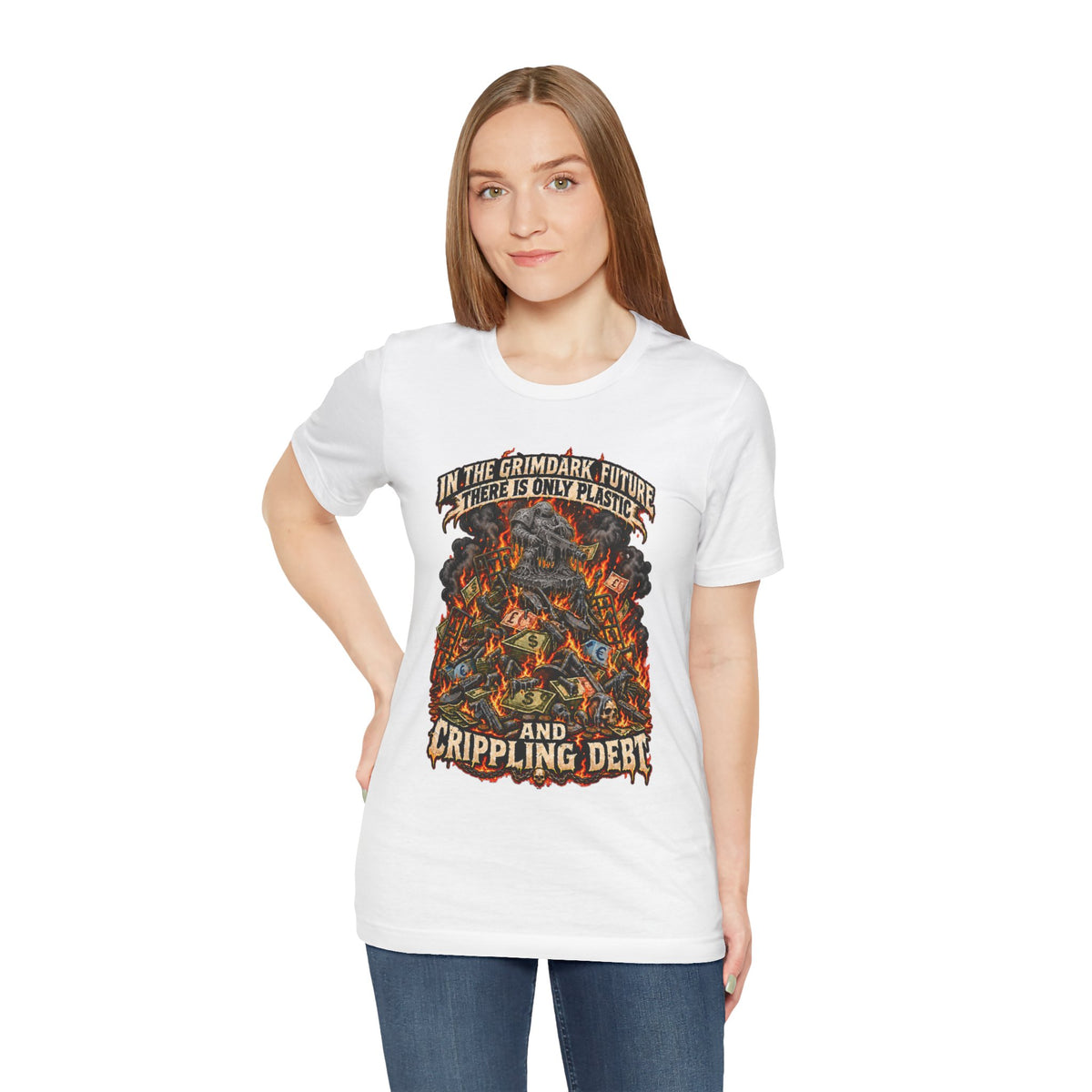 Only Plastic & Crippling Debt graphic T-shirt product mockup
