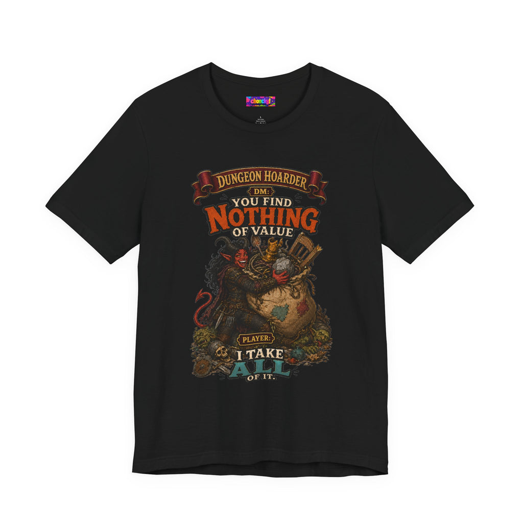 Dungeon Hoarder tiefling tabletop RPG graphic T-shirt, black shirt front view.