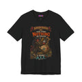 Dungeon Hoarder tiefling tabletop RPG graphic T-shirt, black shirt front view.
