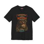Dungeon Hoarder tiefling tabletop RPG graphic T-shirt, black shirt front view.
