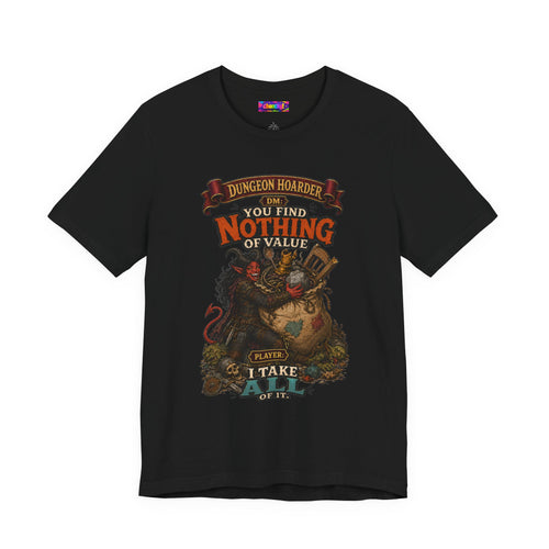 Dungeon Hoarder tiefling tabletop RPG graphic T-shirt, black shirt front view.