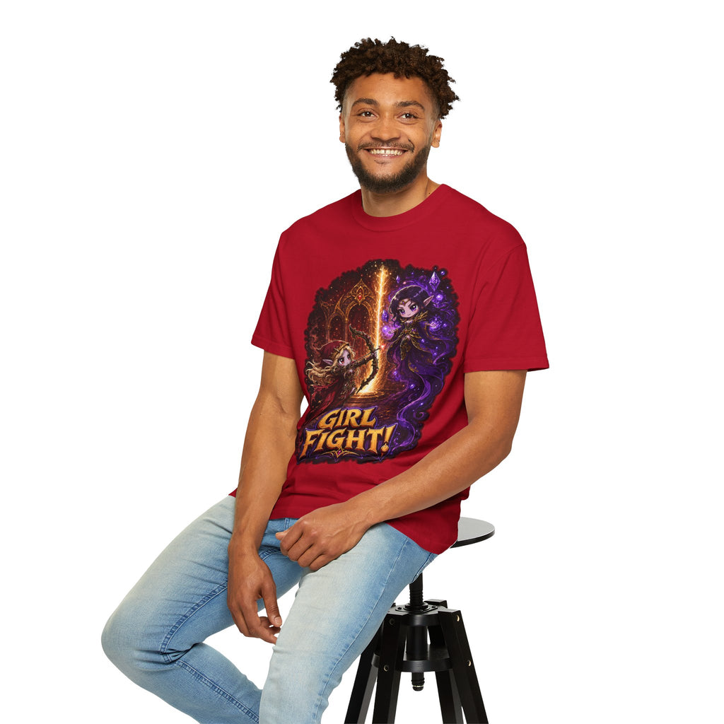 Girl Fight fantasy warrior duel graphic T-shirt, red shirt modeled by a seated man.