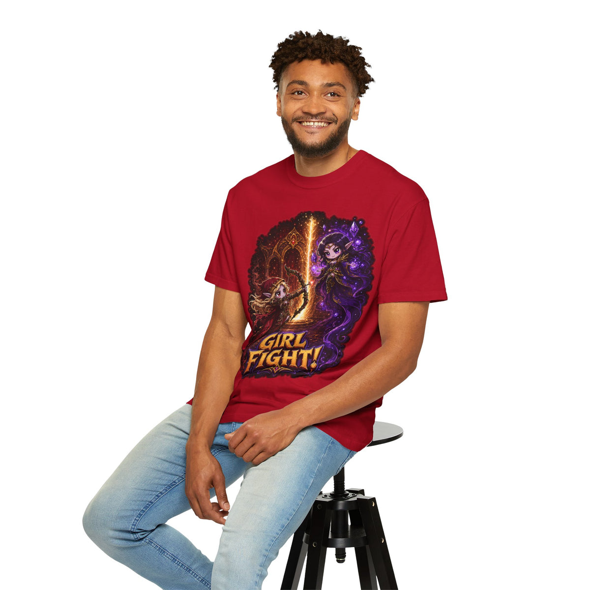 Girl Fight fantasy warrior duel graphic T-shirt, red shirt modeled by a seated man.