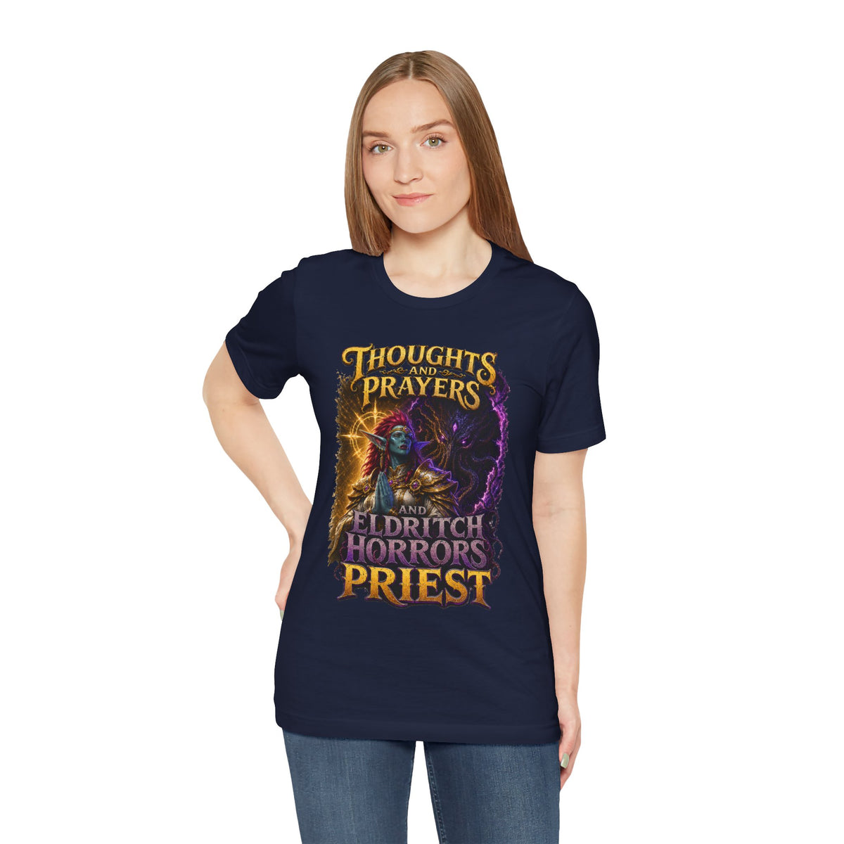 Thoughts, Prayers & Eldritch Horrors graphic T-shirt product mockup